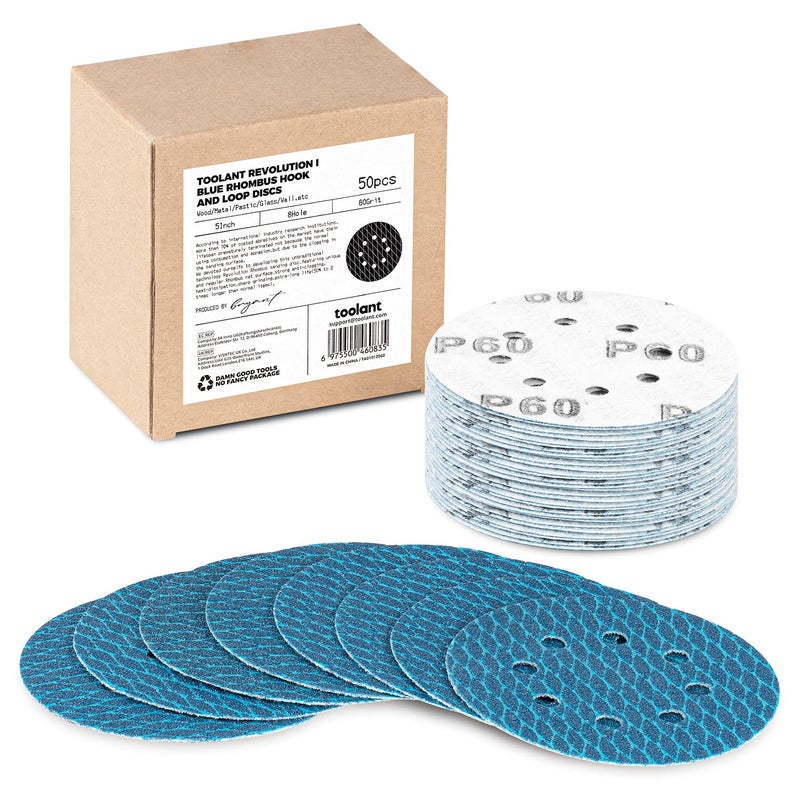 toolant Diamond Shape 5 Inch 60 Grit Sanding Disc, Revolutionary Patent 8 Hole Hook and Loop Sanding Discs for Random Disc Sanders & Orbital Sanders (50Pack) by - Image 1